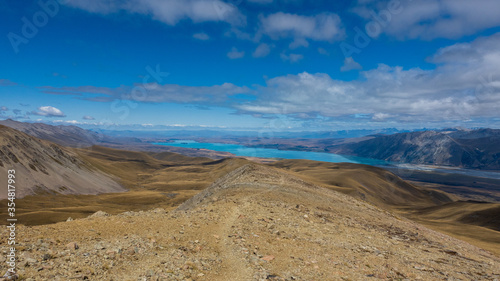 New Zealand tussock mountain landscape with view of Lake Tekapo