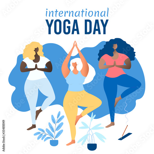 international yoga day. Body positive concept. Multinational yoga class. international group of attractive plus size girls doing yoga together. Beautiful overweight women. Fat acceptance.