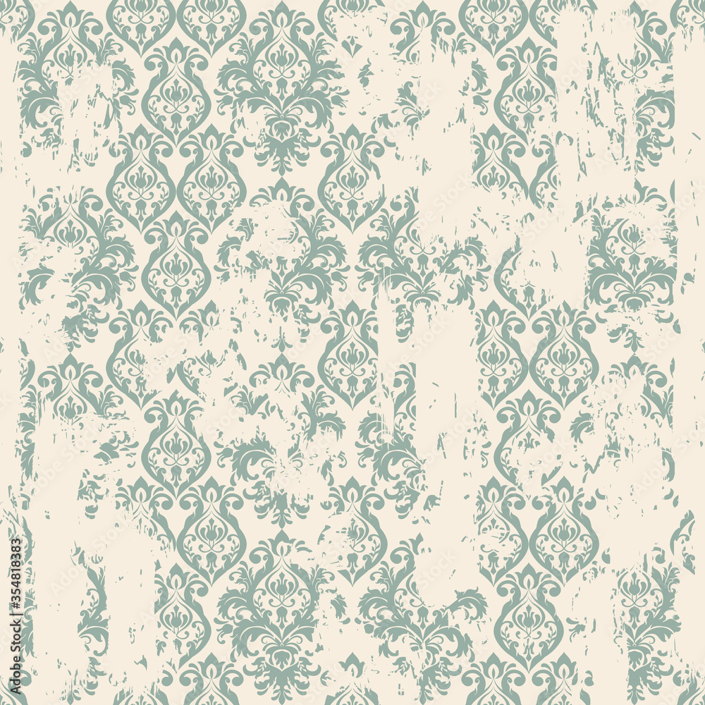 Seamless vintage oriental pattern with an effect of attrition. Freehand drawing. Template seamless damask pattern in green and beige colors. Vector illustration