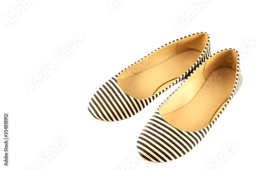 Women's summer shoes made of blue and white striped fabric, ballet flats isolated on a white background. The concept of women's shoes. Side view