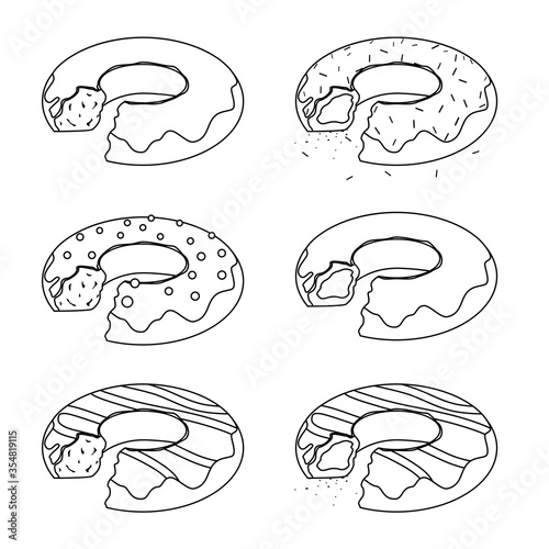 Set of contour various bitten donuts with sprinkling and glazing. Bakery products with filling. Vector outline buns in isometric for logos, icons and your creativity