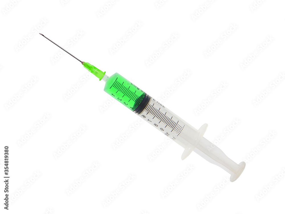 Medical Syringe with green serum isolated on white background Medical Syringe with green serum isolated on white background