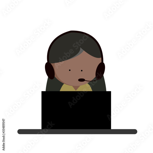 Female operator or receptionist with headphone work on laptop computer icon vector illustration design. Customer service, teleworki, online working, teleconference concept.