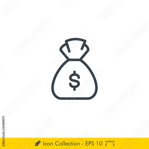 Money Bag (Money Sack) Icon / Vector - In Line / Stroke Design