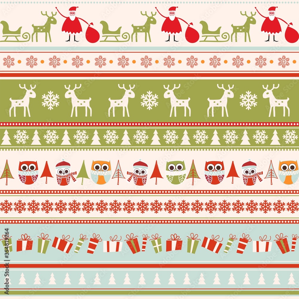 Christmas seamless colorful pattern. Great choice for wrapping paper pattern or greeting cards. Vintage Christmas background. Vector illustration