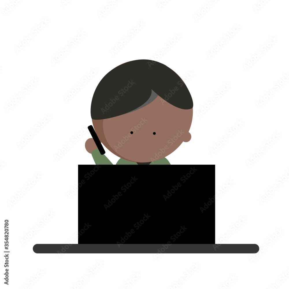 Man using mobile smart phone and work on laptop computer at office desk icon vector illustration. 