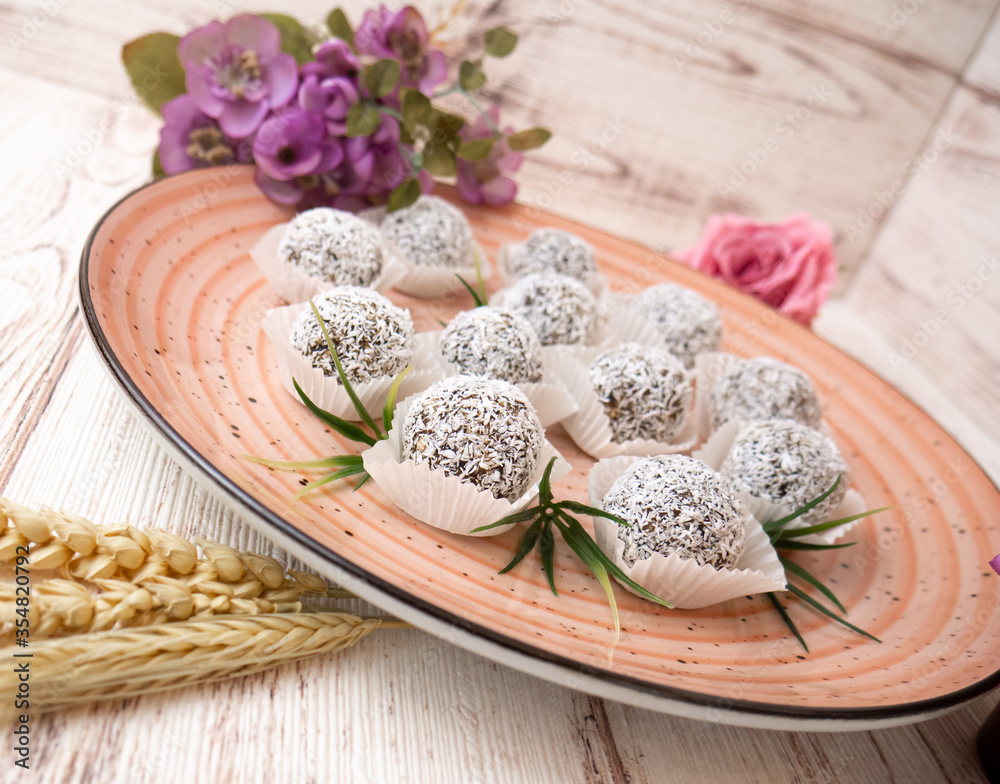the vegetarian sweet candy balls on table