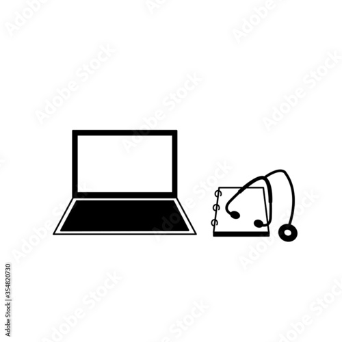 Modern laptop computer with medical stethoscope and notebook icon vector illustration isolated on white background. ehealth, telemedicine, online doctor or digital health concept.