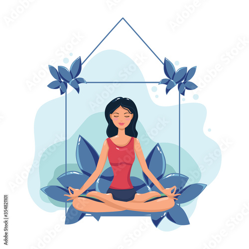 A woman meditates. Illustration of a concept for yoga  meditation  relaxation  recreation  and a healthy lifestyle. Vector illustration in cartoon style.