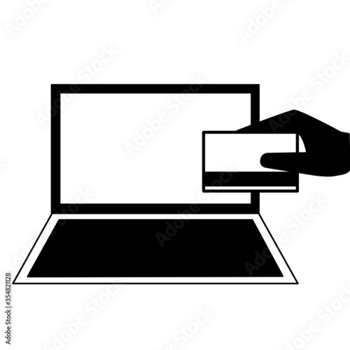 Hand holding credit card with laptop computer icon vector illustration isolated on white background. Internet banking, Online shopping and payment, e business concept.