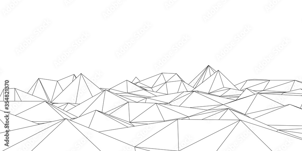 Black and white abstract futuristic 3D map. 3D space landscape background. Vector triangle grid. 