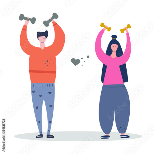 Man and woman do sports together, they hold dumbbells, fitness classes at home, online. Body positive concept.