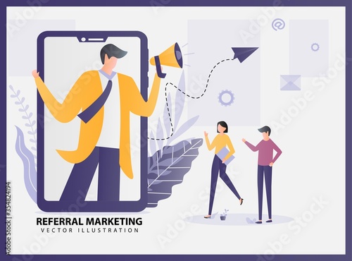 Illustration vector Referral marketing concept with a handphone and people work. refer a friend, friend loyalty program, promotion method. Can use for a landing page, web banner, infographics.