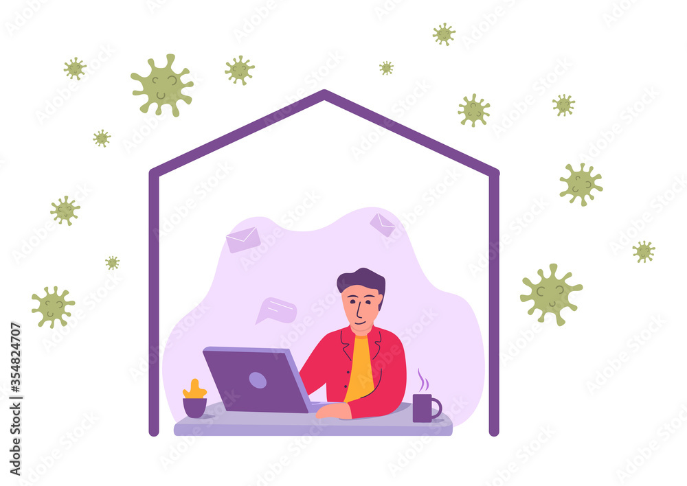 The guy stay at home.Freelancer is working on a laptop.Coronavirus pandemic infection.Quarantine self isolation. Man sitting home.Flat vector illustration The guy stay at home.Freelancer is working on a laptop.Coronavirus pandemic infection.Quarantine self isolation. Man sitting home.Flat vector illustration