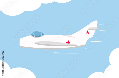 Combat jet fighter MiG-17.Flying a jet plane.Vector flat illustration.