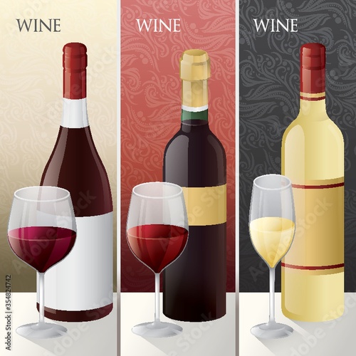 Set of different wine bottles with glass