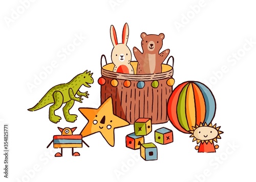 Composition of different childish toys vector flat illustration. Various hand...