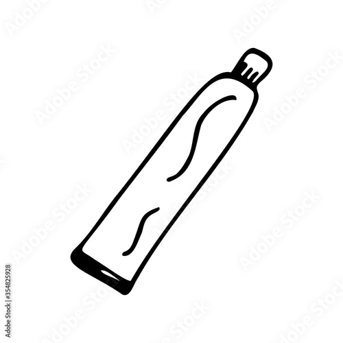 Hand drawn tube of toothpaste isolated on a white background. Doodle, simple outline illustration. It can be used for decoration of textile, paper and other surfaces.