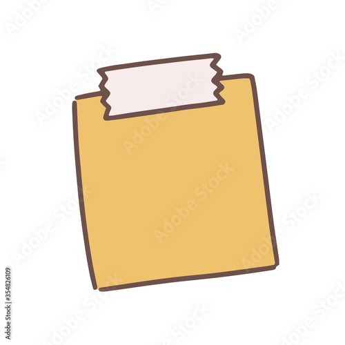 Clean yellow sticker attached with adherable vector flat illustration. Colorful hand drawn paper sheet for notes with adhesive tape on wall isolated on white. Blank for memo or writing message