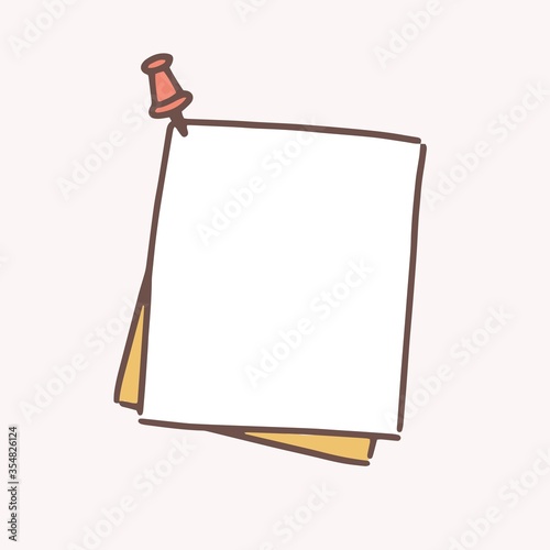 Clean hand drawn paper sheet attached with drawing pin vector flat illustration. Reminder blank pinned at wall ready to write memo, notes, announcement or message isolated on white background photo