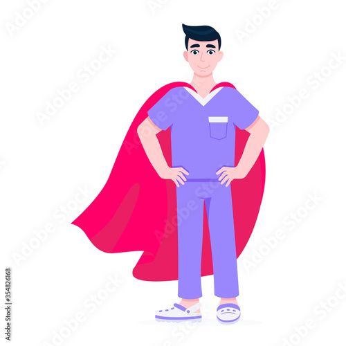 Young male nurse hospital medical employee with hero cape behind fights against diseases and viruses on frontline flat style vector illustration. Future doctor or surgeon medical clinic staff new hero