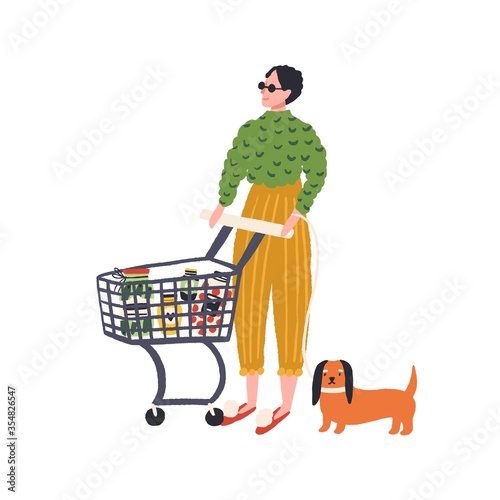 Trendy woman and dog with shopping trolley full of products vector flat illustration. Stylish hand drawn female buyer with basket carry food isolated on white. Customer during purchasing