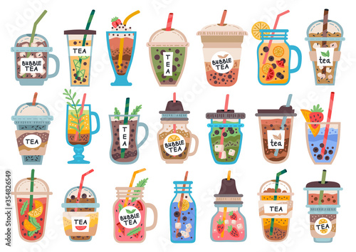 Collection of fruit drinks, smoothies. Bubble tea