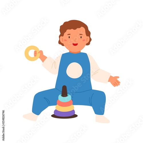 Cute funny boy playing with pyramid toy vector flat illustration. Colorful ba...