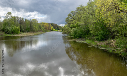 spring landscape with a river  the first bright spring greenery on the river bank