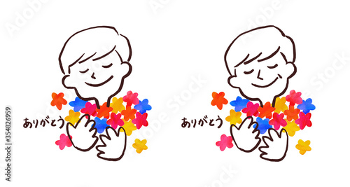 花束を抱き微笑む男性のイラスト