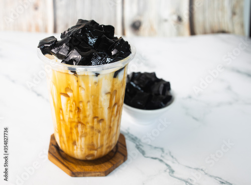 Cold drinks grass jelly with caramel mixed milk tea Brown sugar photo