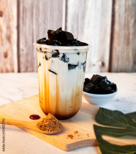 Cold drinks grass jelly with caramel mixed milk tea Brown sugar photo