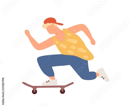 Active teenager boy riding on skateboard vector flat illustration. Hipster teen guy in cap enjoying outdoor activities isolated on white. Joyful male skater making accelerating during extreme sport