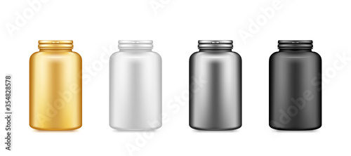 Gold, silver, black supplement plastic bottle mockup isolated on white background. Package design. Blank dietary, sport or fitness nutrition, healthcare template. 3d realistic vector illustration