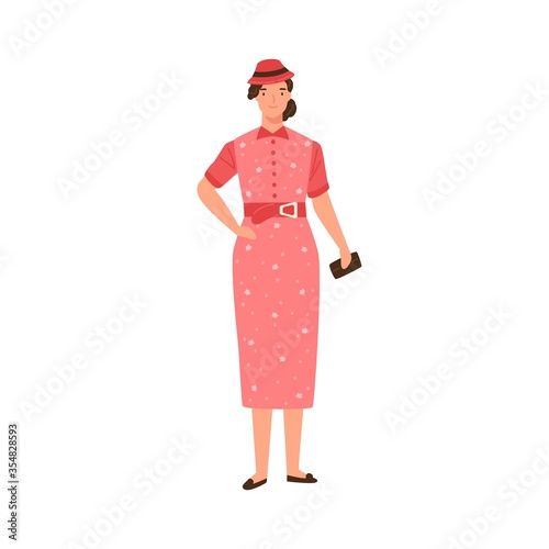 Glamour woman in colorful dress and hat of 30s fashion vector flat illustration. Stylish lady standing holding clutch bag isolated on white. Elegant female smiling demonstrate vintage costume