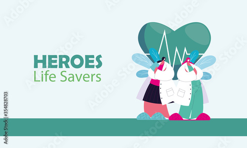 medical heroes working against the coronavirus with masks and medical kit