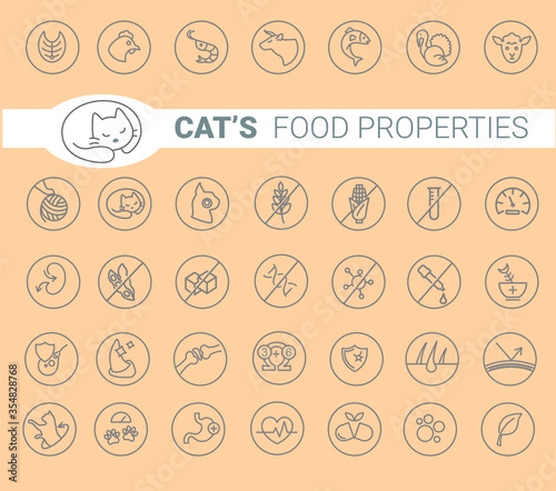 Cat's food properties icon set, vector. Thine line icons. Editable lines, EPS 10. Veterinarian properties. Meat and fish symbols: fish, shrimp, tuna, chicken, turkey, lamb and beef icons © Kakapo