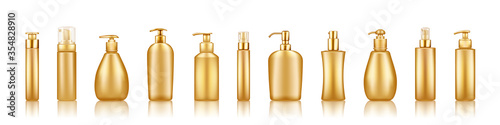 Gold luxury pump bottle mockups: serum, moisturizer, lotion, soap, cream, sanitizer. Plastic package design. Cosmetic, hygiene, skincare template. Set of isolated 3d realistic vector illustrations