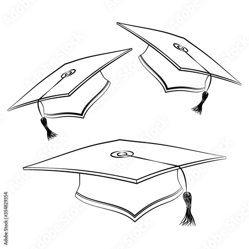 Black line student caps. Sketch of graduation hat. Academic celebration ceremony symbol. Education square uniform. isolated caps in different turns, tilts. Jpeg illustration