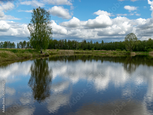 calm scene of beautiful sky with cumulus clouds reflection on the lake