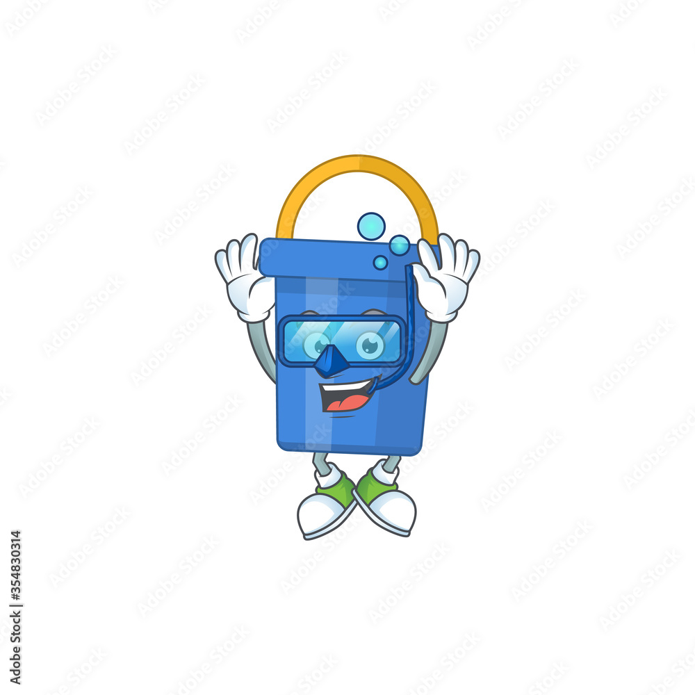 cartoon drawing concept of blue sand bucket wearing cool Diving glasses ready to swim cartoon drawing concept of blue sand bucket wearing cool Diving glasses ready to swim