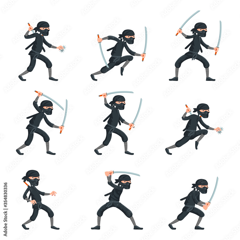 Japanese secret assassin cartoon ninja characters vector set illustration