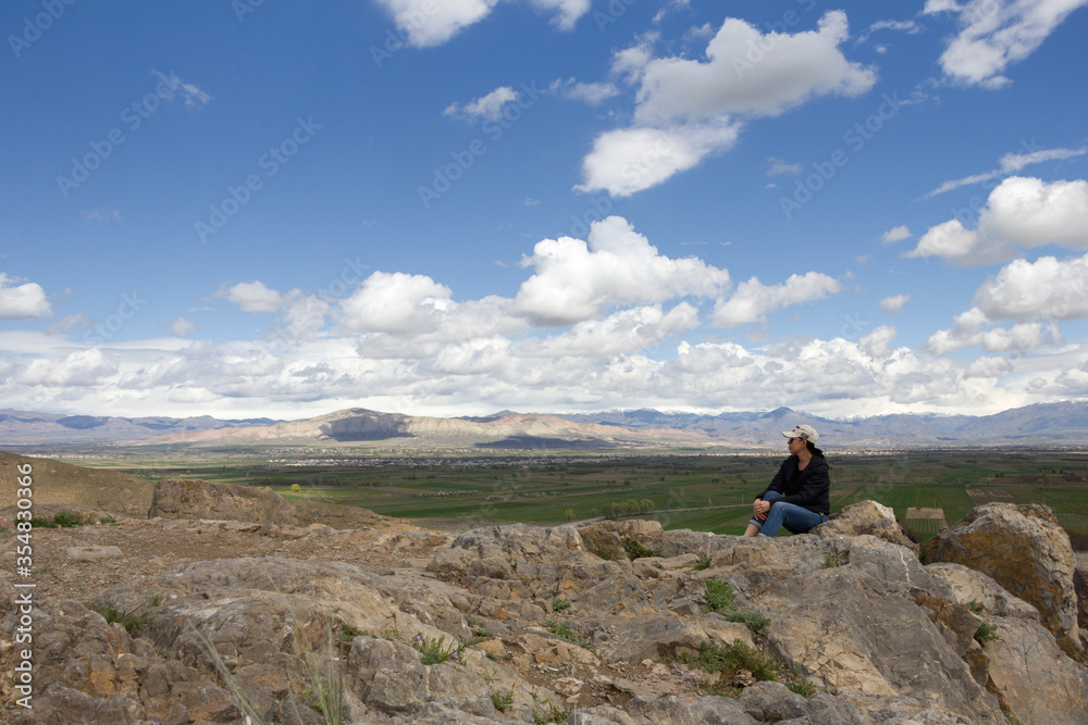 Spectacular view from the height of Khor Virap hill at the foot of Mount Ararat in Armenia