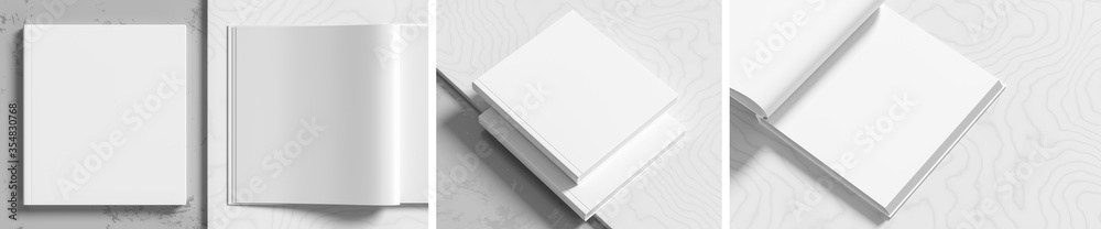 Square hardcover book or catalogue mock up on white marble background. Hardcover book mock up rendered with three different variations. 3D illustration. Square hardcover book or catalogue mock up on white marble background. Hardcover book mock up rendered with three different variations. 3D illustration.