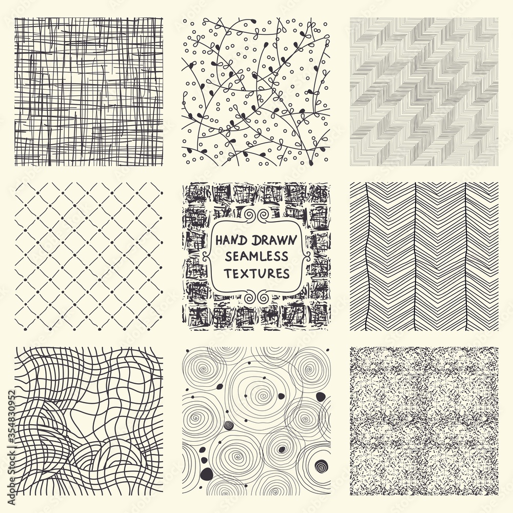 Set of nine seamless hand drawn texture designs for backgrounds. Doodle pattern. vector illustration. 