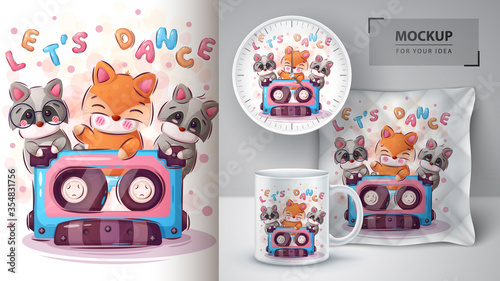 Fox, raccoon dance poster and merchandising