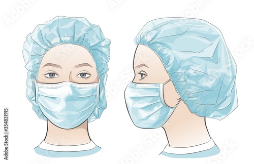 Vector illustration Woman wearing disposable medical surgical face mask.