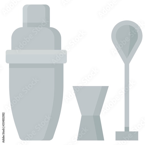 Bartending equipment icon, shaker jigger and bar spoon