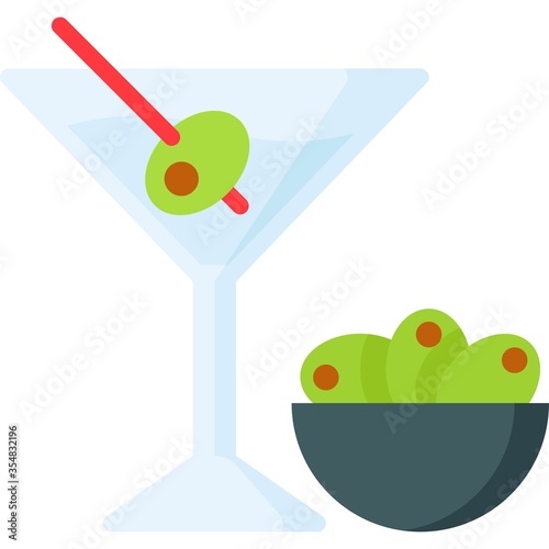 Martini with olive icon, Beverage flat vector illustration