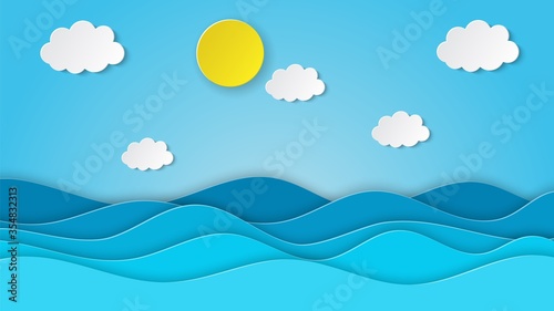 Sea view on clear sky. paper cut and craft style. blue sea waves white air clouds paper art style of cover design. Vector illustration photo